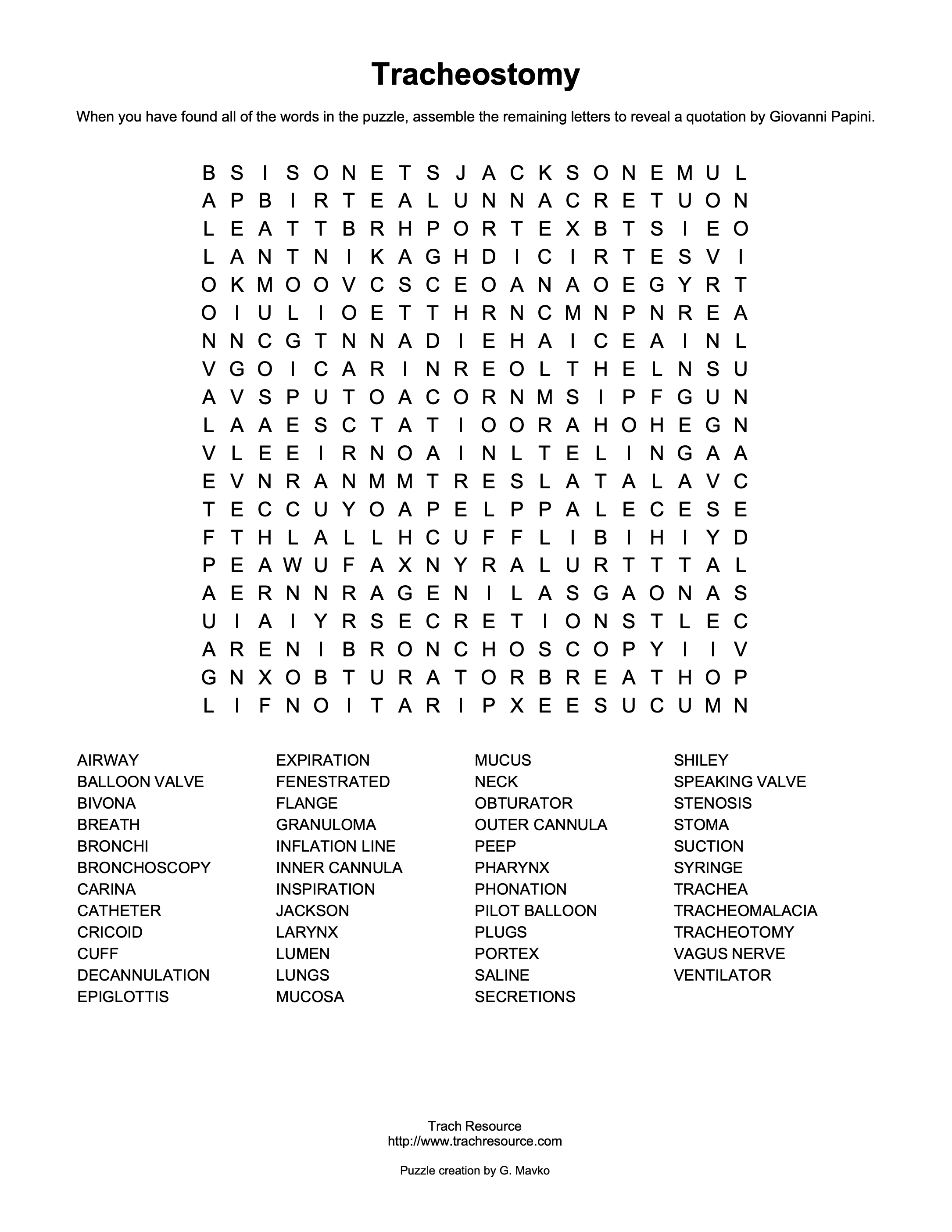 Tracheostomy Word Search Puzzle